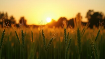 Fototapeta premium Crops of wheat ears. The image captures the end of a warm summer day. Wheat ears, grain starts to gain weight and moderate ripeness in one of the bountiful fields.
