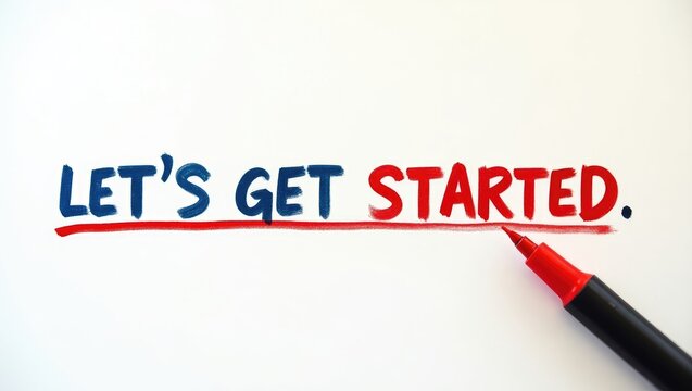 Getting started with a red marker next to it, isolated on a white paper background.