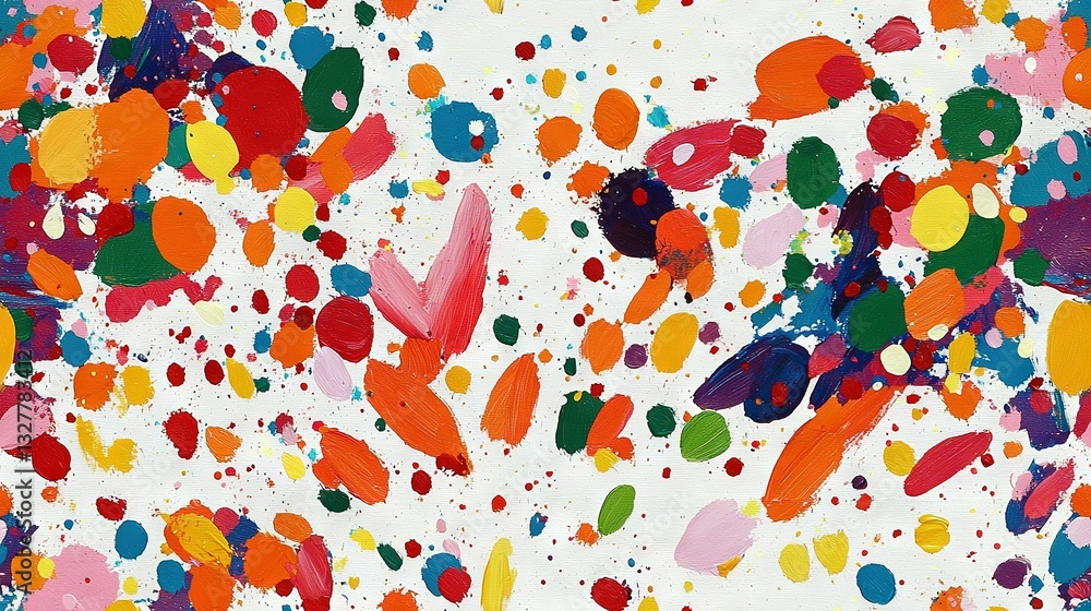 Poster an abstract canvas adorned with vibrant paint strokes splashed onto a pristine white backdrop, featu