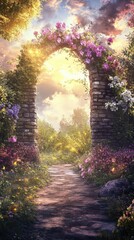 A stone archway blooming with flowers leading into a garden