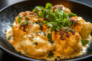 Baked cauliflower with cheese sauce and herbs