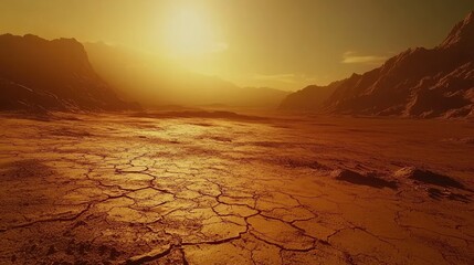 Parched Earth Landscape under a Golden Sky, Reflecting Harsh Climate Change