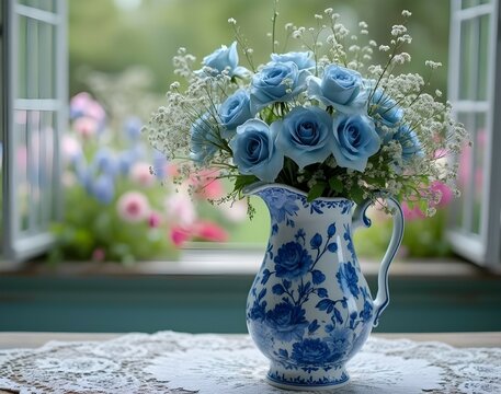 Blue Roses in blue and white pitcher in front of open window