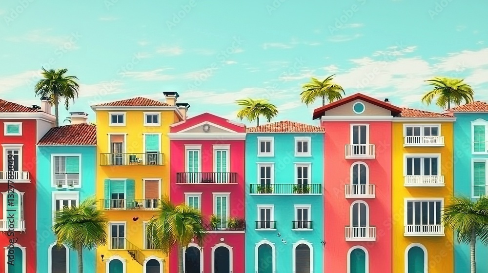 Poster a row of colorful buildings with palm trees in the foreground and a blue sky in the background