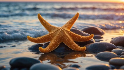 The Golden Starfish is an eye-catching sea star recognized for its bright golden-yellow hue. This starfish exhibits a unique, smooth texture and a fairly flat shape.