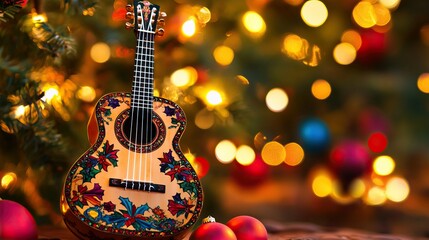 Fototapeta premium Festive mexican guitar with colorful floral design and bokeh lights celebrating cinco de mayo, mexican culture