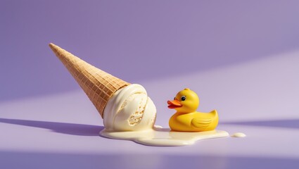 Creative summer arrangement featuring a melting ice cream cone turned upside down alongside a rubber duck toy on a pastel purple backdrop. Minimal summer concept.