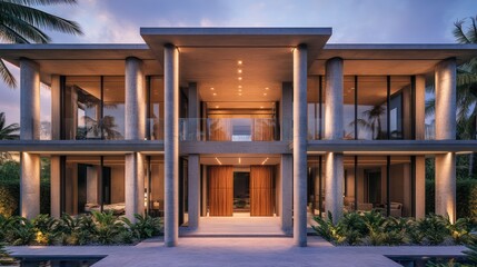 A sleek, two-story villa with a contemporary design, featuring floor-to-ceiling glass windows and prominent concrete accents