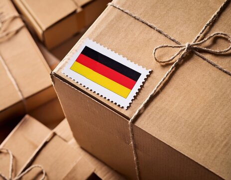 Delivery packages with Germany flag stamp on cardboard boxes ready for shipment
