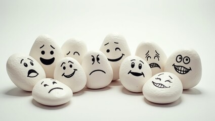 Emotion management concept, stones with painted faces represent various emotions. While we are all unique, we learn to handle emotions together. Soft background, stones.