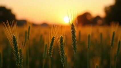 Crops of wheat ears. The image captures a warm summer day's end. Ears of wheat, grain is starting to gain weight and reaching moderate ripeness in one of the bountiful fields.