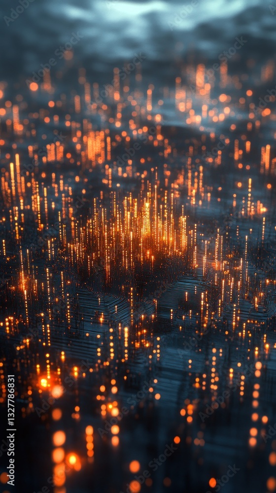Poster a mesmerizing abstract representation of glowing orange and yellow light pillars rising from a dark 