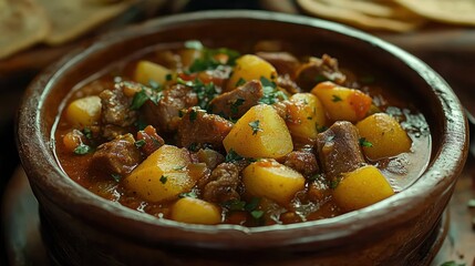 spicy green chile stew, the iconic dish of New Mexico. The stew is filled with tender pork, potatoes, and roasted green chiles, served with warm tortillas. 