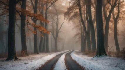 Pathway through the beech trees in the foggy early autumn forest with snow covering the ground.