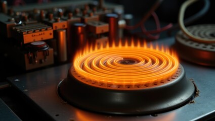 close up of kitchen stove burner featuring electrical resistance thermostat for cooking food technology with wire cables, fire, electricity, heat, power, AC, ceramic induction hob, and repair techn...
