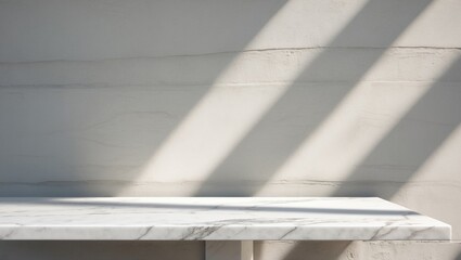 Obraz premium White Marble Table with Leaf Shadow on Textured Concrete Wall Background, Ideal for Product Presentation Backdrop, Display, and Mockup.