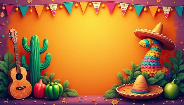 Colorful cinco de mayo celebration with guitar, cactus, sombrero, and piñata on bright orange background representing mexican culture - Powered by Adobe