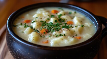 appetizing photo of hearty knoephla soup, the iconic dish of North Dakota. The soup is creamy and filled with dumplings, potatoes, and carrots. 