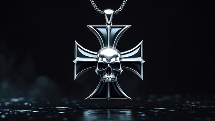 This pendant in sterling silver showcases an equilateral cross with a skull at its center, merging gothic and warrior symbolism. Made of 925 sterling silver, it serves as a striking statement piece.