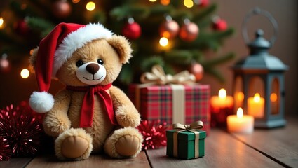 Teddy bear doll wearing a Christmas hat against a decorated Christmas background.
