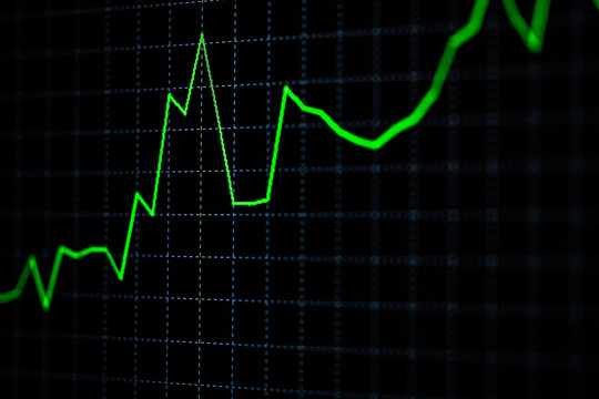 Green financial data line graph on black background displaying market trends