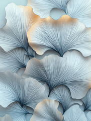 Ginkgo leaves in soft blue tones with intricate vein patterns create serene and artistic composition. delicate arrangement highlights beauty of nature design