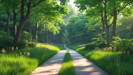 In the forest, two walking paths combined into a single one.