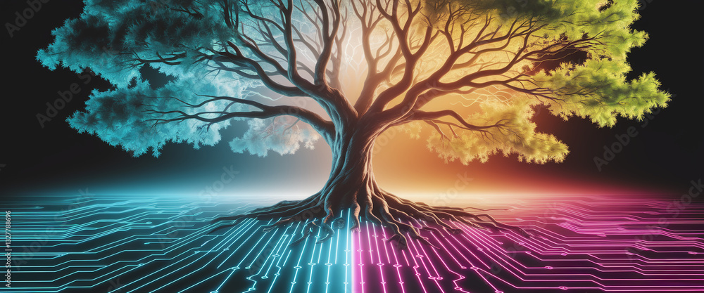 Poster Large tree with multicolored foliage rooted in glowing circuit board, symbolizing technology's connection to nature, growth, and innovation