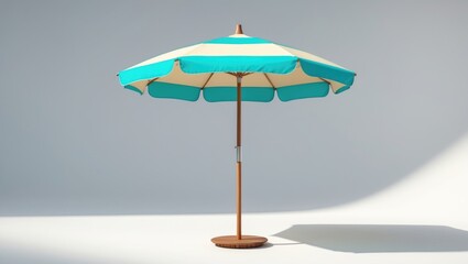 Obraz premium Striped beach umbrella set against a white backdrop