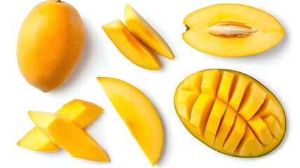 Fototapeta premium Mango fruit half with slices isolated on white