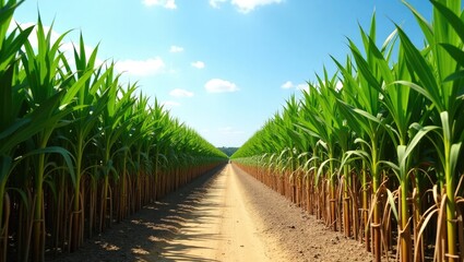 Obraz premium Sugar cane field plantation under a blue sky backdrop.