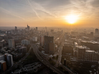 Aerial View of Leeds City Centre at Sunrise Showing Urban Development