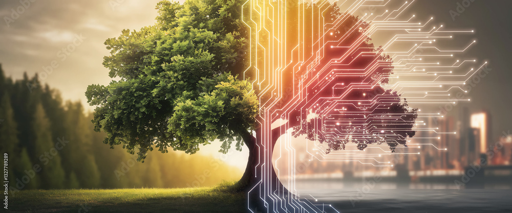 Poster green tree merging with circuit board pattern, symbolizing nature and technology coexistence, enviro