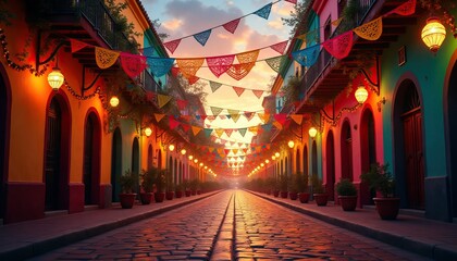 Festive mexican street with colorful papel picado banners at sunset celebrating cinco de mayo, embracing vibrant mexican culture