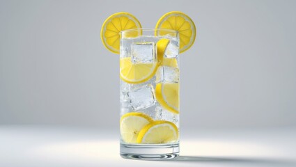 Tall ice water featuring lemon vodka tonic set against a white background.