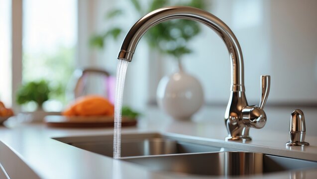 Stylish metal crane in the kitchen. Gleaming faucet in the kitchen. Close-up photo of a metal crane. Contemporary furniture. Silver sink as kitchen apparatus. High-quality macro photo. Metallic fau...