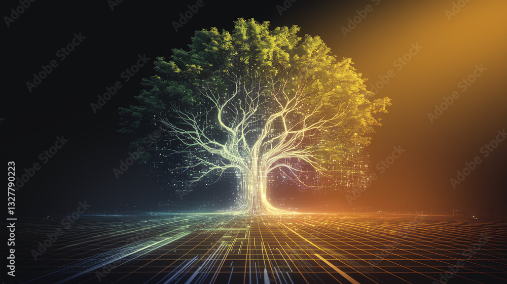 Poster glowing tree with digital grid, symbolizing technology, nature, and connection, ideal for tech or en