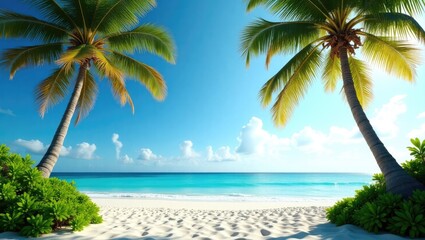 Fototapeta premium Summer scenery featuring palm trees and white sand beneath a blue sky on a sunny day. Beach perspective.