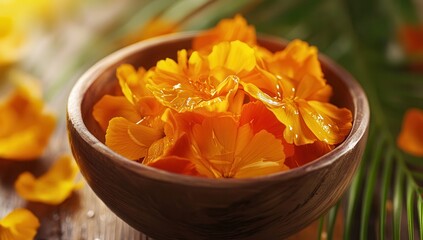 Vibrant orange flower petals in a wooden bowl, bathed in warm sunlight.