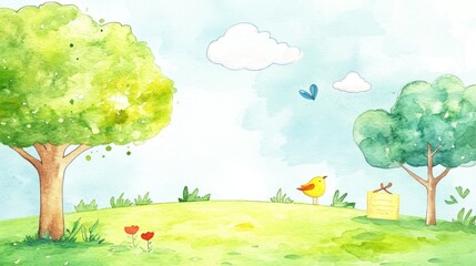 Watercolor Spring Meadow Scene