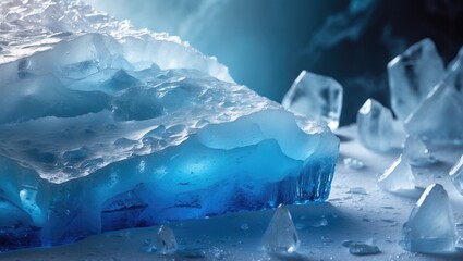 Fototapeta premium Ice texture background. The frosty textured surface of an ice block against a dark backdrop.