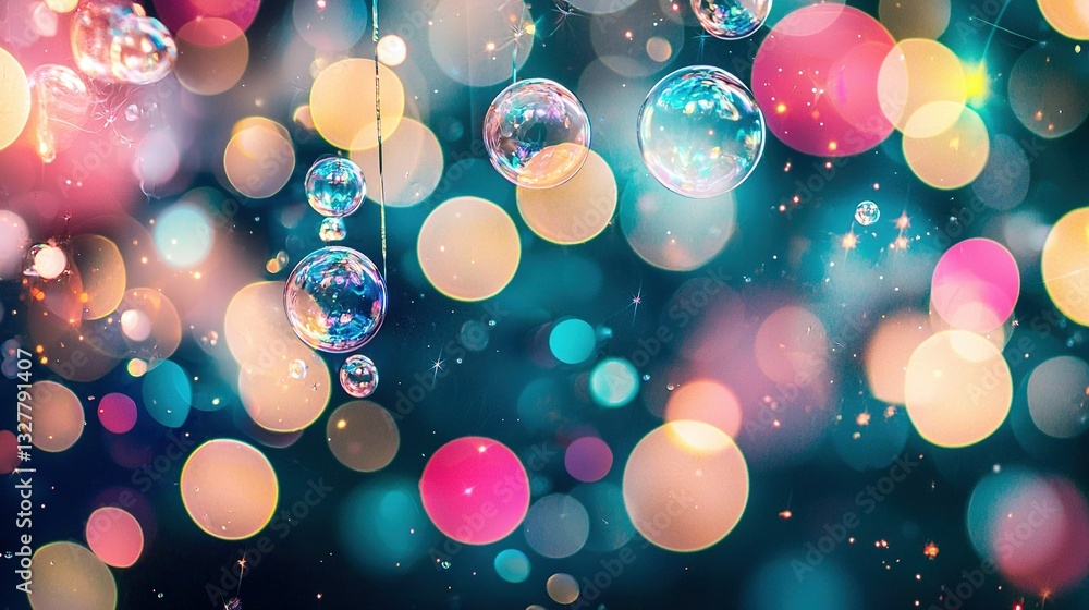 Poster a cluster of floating orbs adorning a twisting ribbon against an azure and magenta gradient, illumin