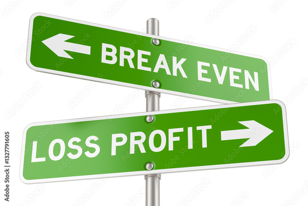 Poster break even or loss profit. opposite traffic sign, 3d rendering isolated on transparent background
