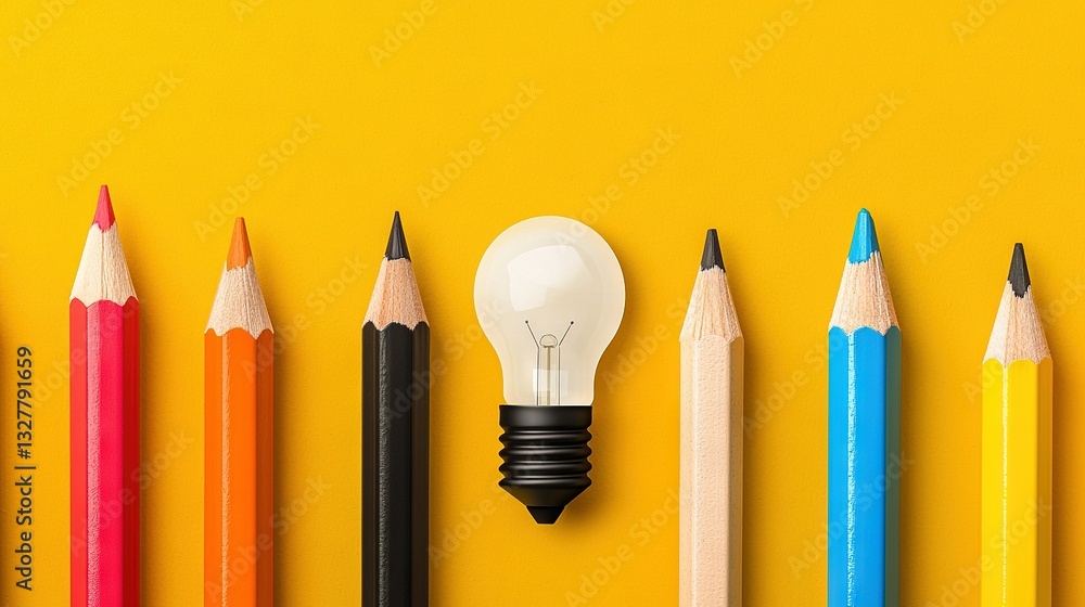 Poster a lightbulb atop a pencil with various-colored pencils surrounding it in a row