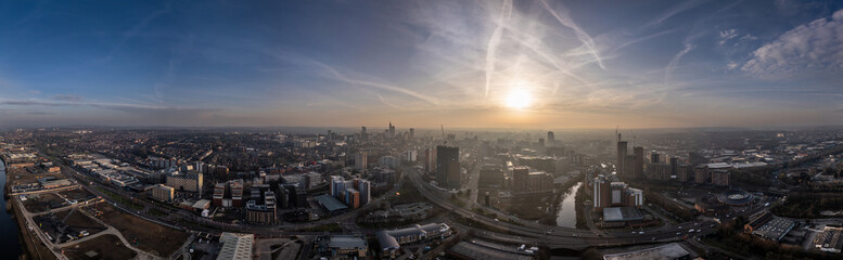 Panoramic Aerial View of Leeds Cityscape at Dawn Capturing Urban Growth