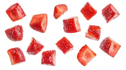 Set of cut strawberry pieces isolated on white