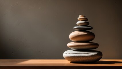 Stone sculpture on a warm wooden surface. dark background.