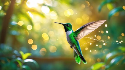 Hummingbird in flight among the forest