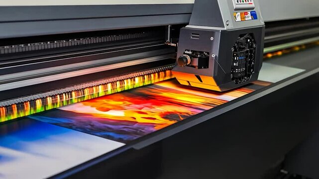 Large format printer printing a vibrant sunset image