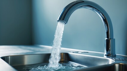 Close-up of faucet and water jet pouring into the sink. Notice the steady flow, highlighting the clarity and force of the water. The faucet delivers a consistent and strong stream.